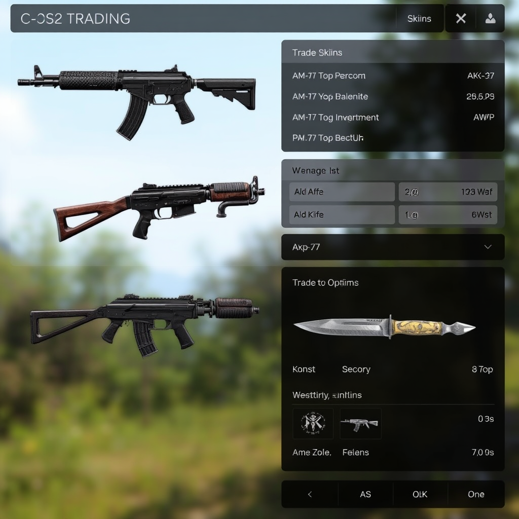 CS2 skins trading interface showing various weapon skins including AK-47, AWP, and knife skins with trading options and inventory management