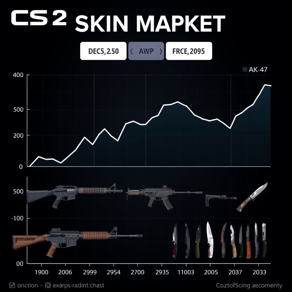 CS2 skin market price chart showing December 2025 trends with various weapon skins including AK-47, AWP, and knife collections displayed on dark trading interface