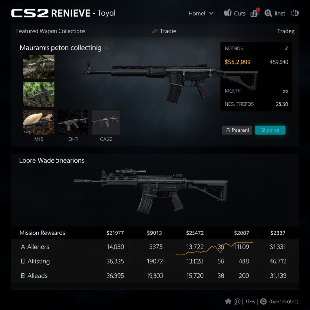 CS2 new operation interface showing featured weapon collections and mission rewards with trading statistics overlay