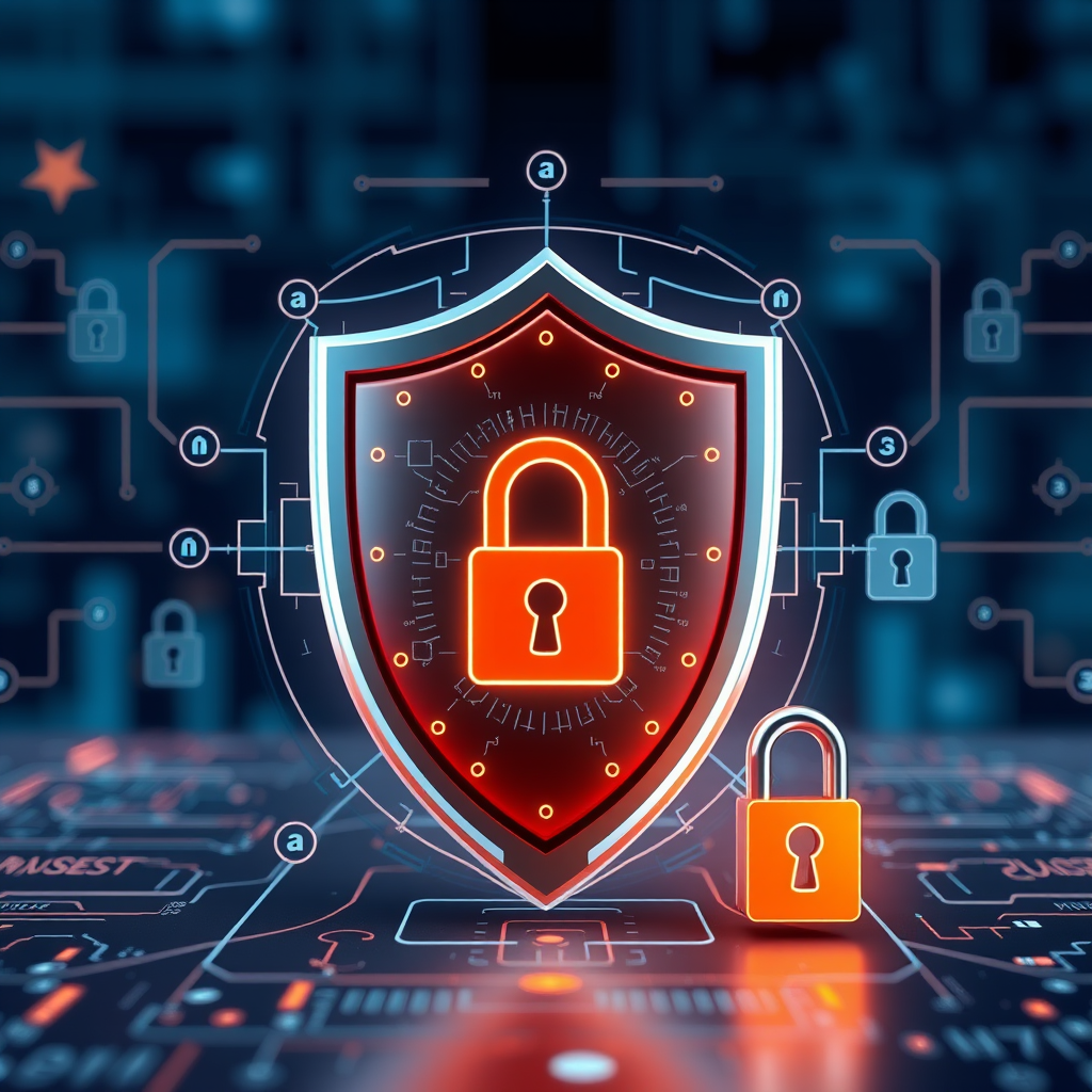 Modern cybersecurity shield protecting CS2 trading platform interface with authentication symbols and security locks