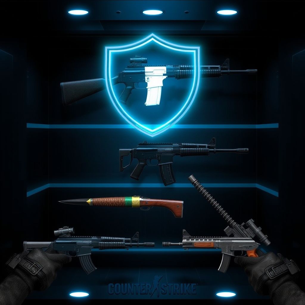Professional CS2 skin trading mediation service showing secure escrow system with high-value Counter-Strike 2 weapon skins including AK-47, AWP, and knife skins in a protected digital vault interface