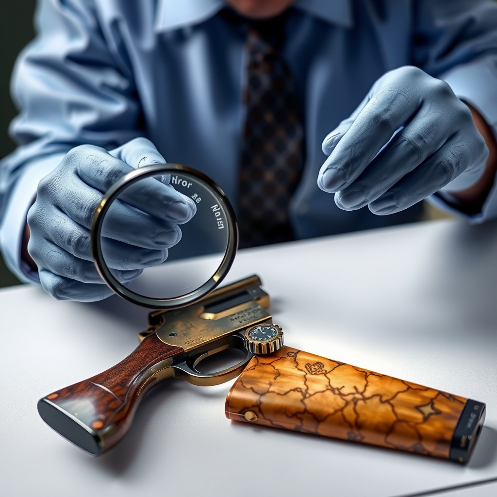Professional CS2 skin authentication process showing detailed inspection of rare weapon skins with magnifying glass and verification tools