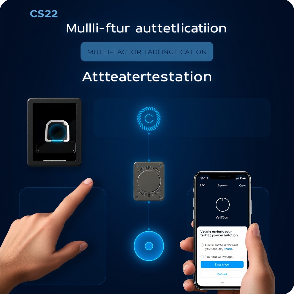 Multi-factor authentication interface showing biometric scanner, hardware token, and mobile verification for CS2 trading platform