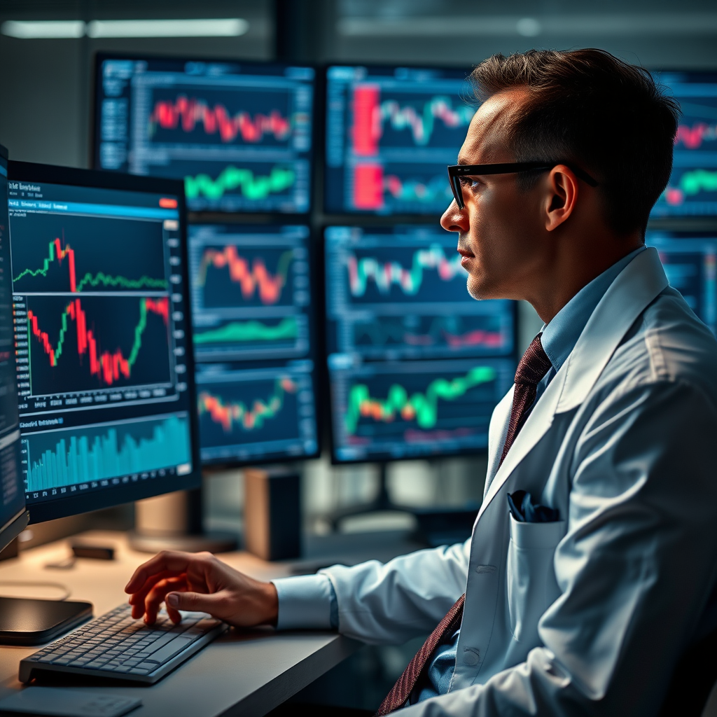 Expert CS2 skin analyst examining detailed market data and rarity factors on multiple monitors showing trading charts and skin condition assessments