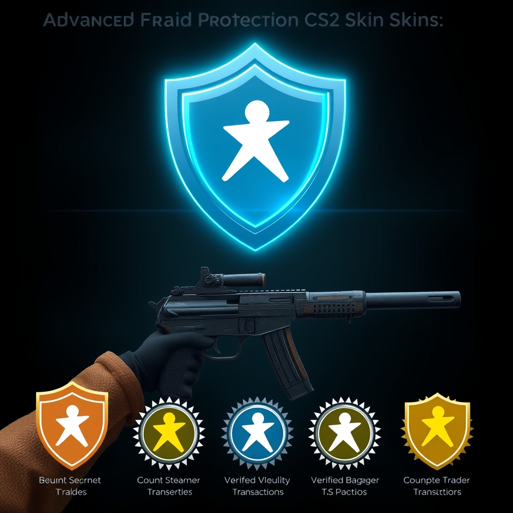 Advanced fraud protection system for CS2 skin trading showing security shields, encrypted transactions, and verified trader badges protecting valuable Counter-Strike 2 weapon skins