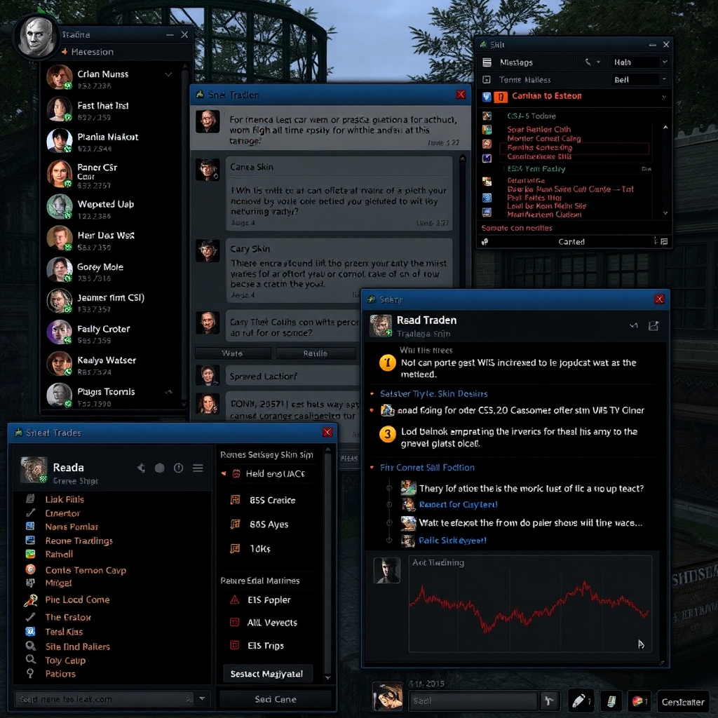 Screenshot of active CS2 trading community discussions showing multiple chat windows with skin trading negotiations and market analysis