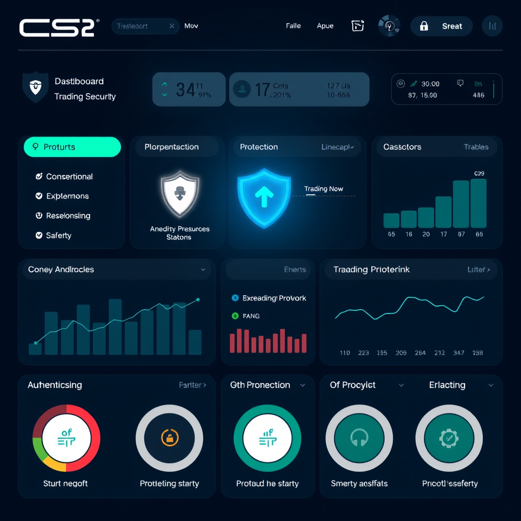 CS2 trading platform security dashboard showing various protection measures, authentication status, and safety indicators