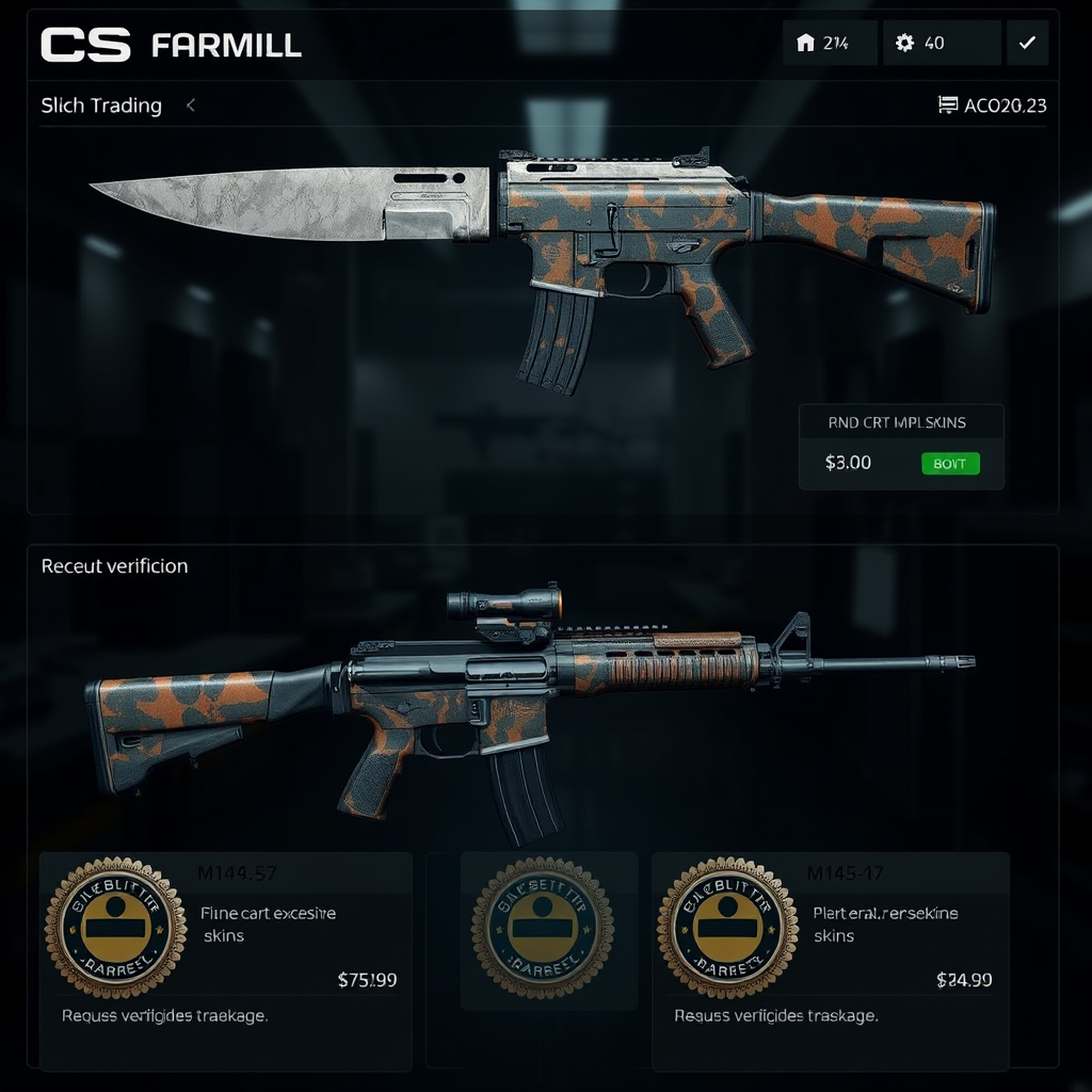High-value CS2 skin trading interface displaying expensive knife skins, rare AK-47 and M4A4 skins, with price tags and security verification badges in a professional trading environment