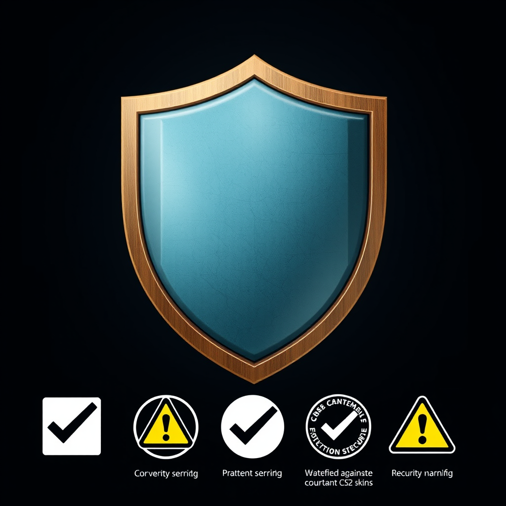 Shield icon representing protection against counterfeit CS2 skins with security verification checkmarks and warning symbols