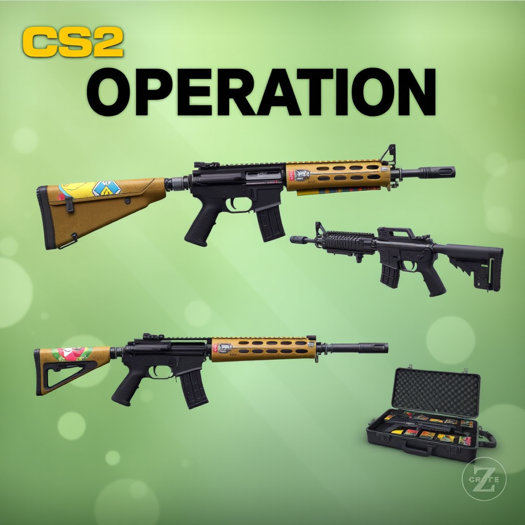CS2 operation announcement banner with new weapon skins and cases displayed prominently with vibrant colors and game interface elements