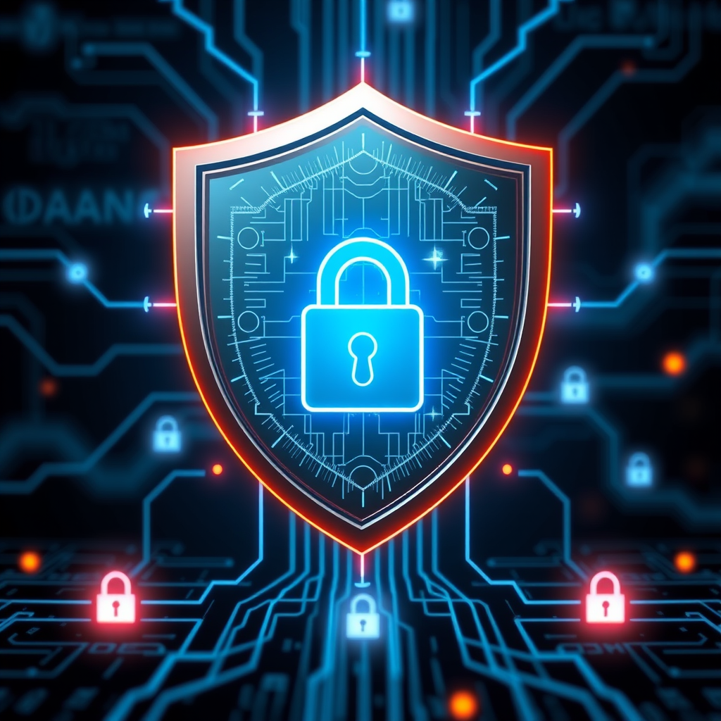 Digital security shield icon with lock symbols and encrypted data streams representing enhanced trading platform security measures and user protection protocols