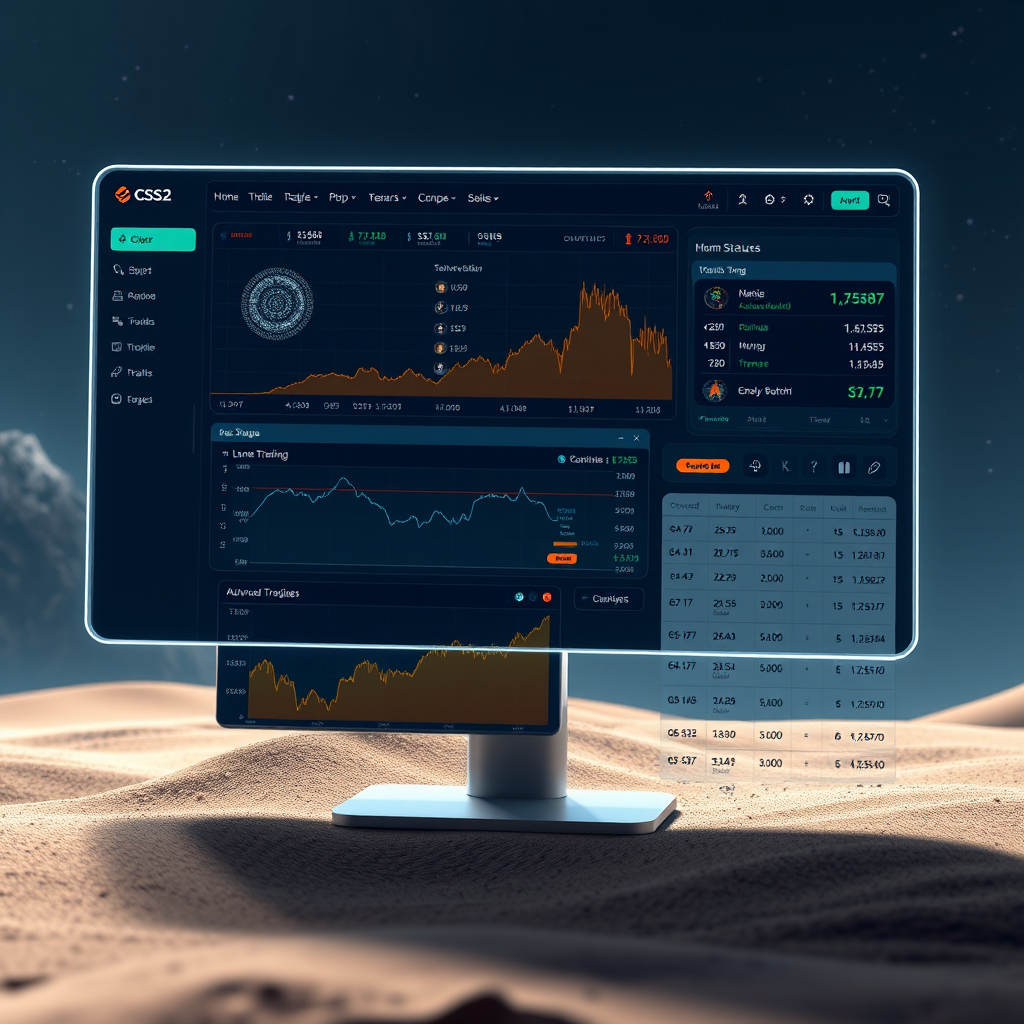Futuristic trading interface concept showing advanced CS2 skin trading features with AI-powered market analysis and automated trading suggestions