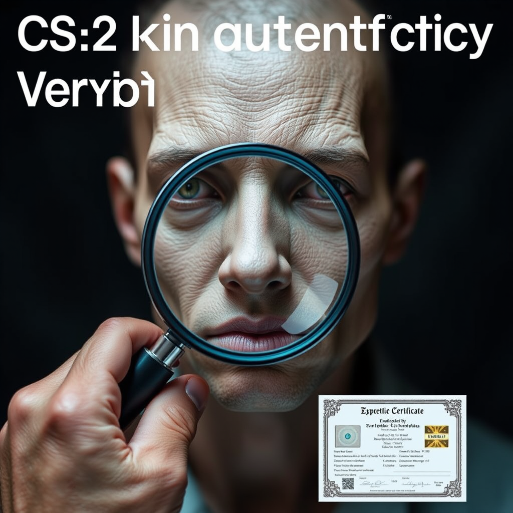 CS2 skin authentication verification service showing magnifying glass examining rare skin details, authenticity certificates, and expert verification process